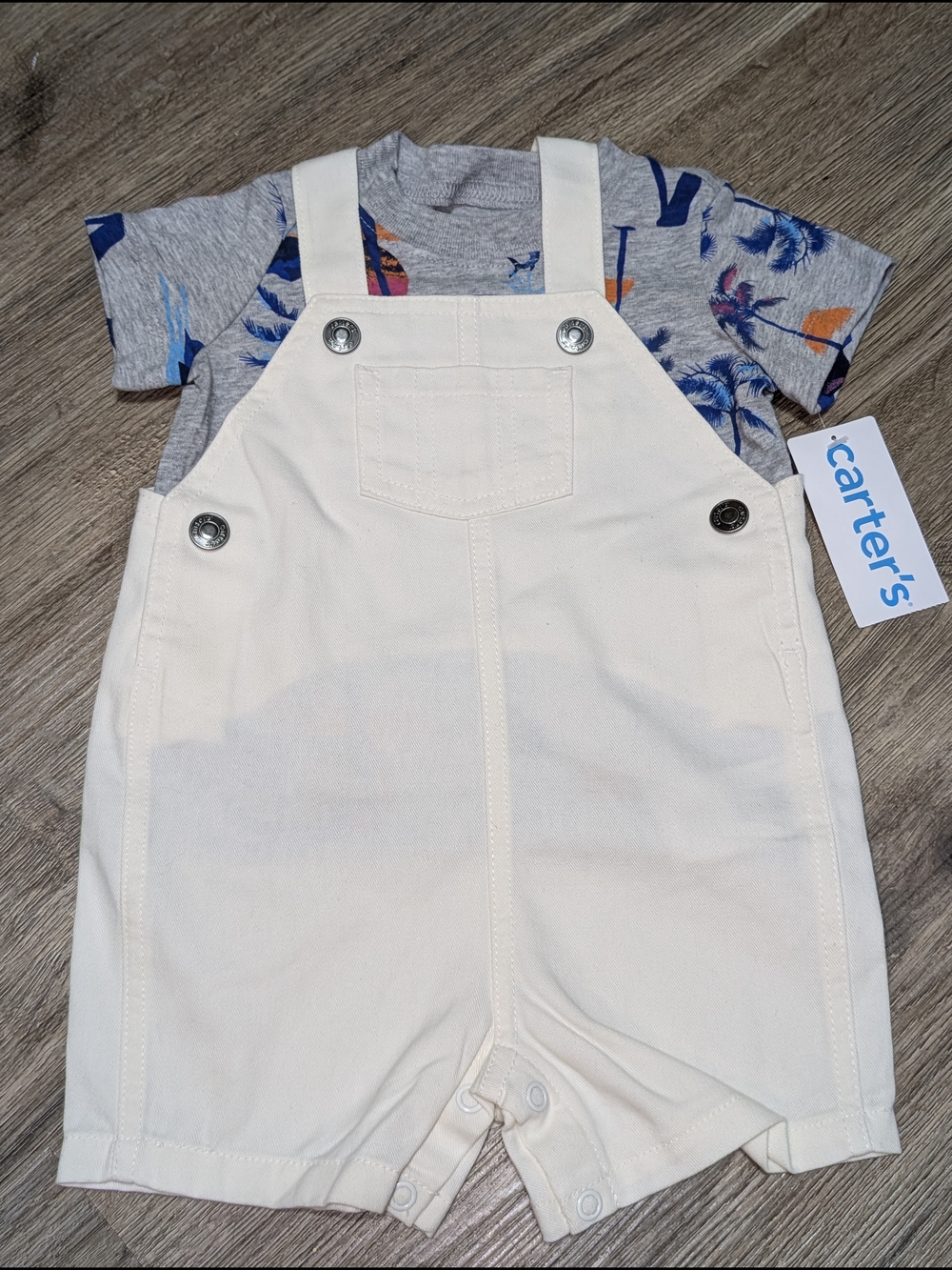 Carter's Baby Boy 2-Piece Cream Short Overalls Tropical Gray Palm Tree Tee 6M
